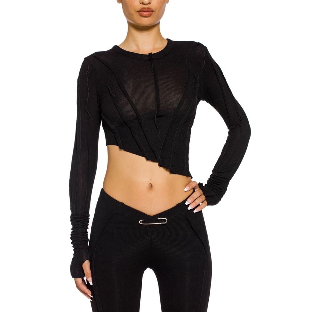 Sami Miro Vintage Asymmetric Long Sleeve Tee in Black Rib Fray Knit size large